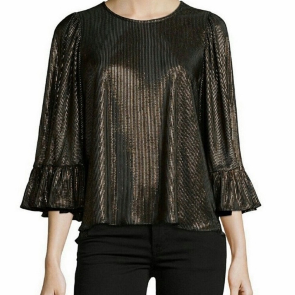 🎄 SUPPLY and DEMAND Gold / Black Bell Sleeve Metallic Pleated Top NWT $157 M